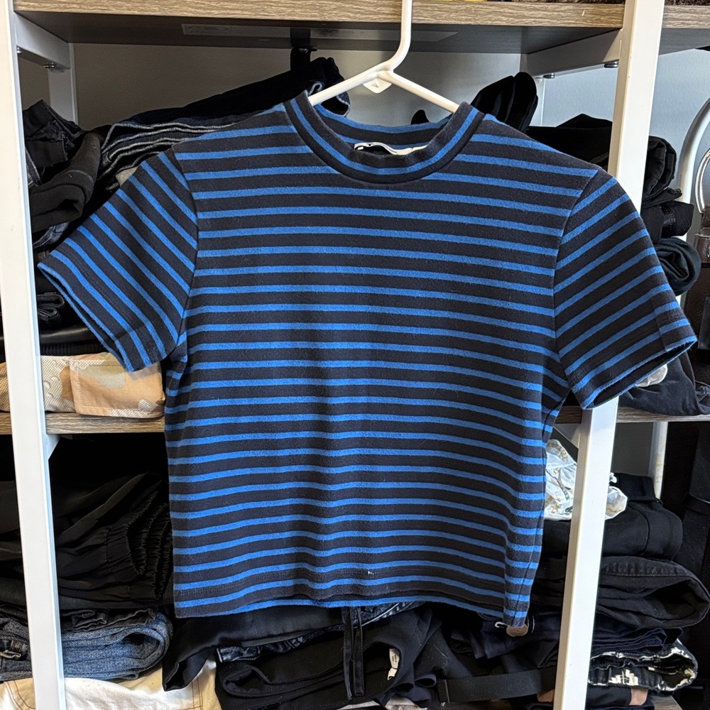 T by Alexander Wang Striped Blue and Black Croptop Shirt
